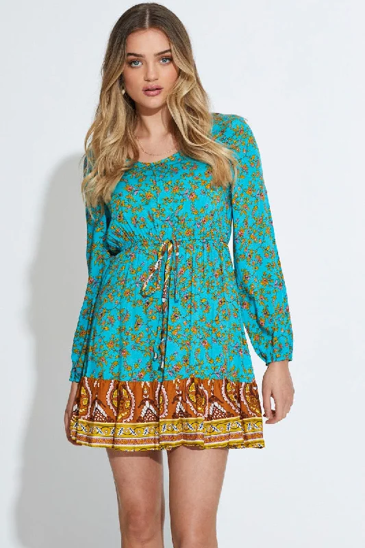 Off - the - Shoulder Women Dress for a Romantic and Feminine LookPrint Mini Dress Long Sleeve V Neck