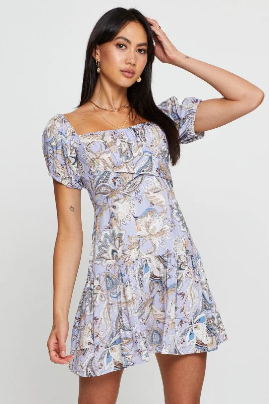 Empire Waist Women Dress to Accentuate the Bust and Conceal the WaistPrint Mini Dress Short Sleeve