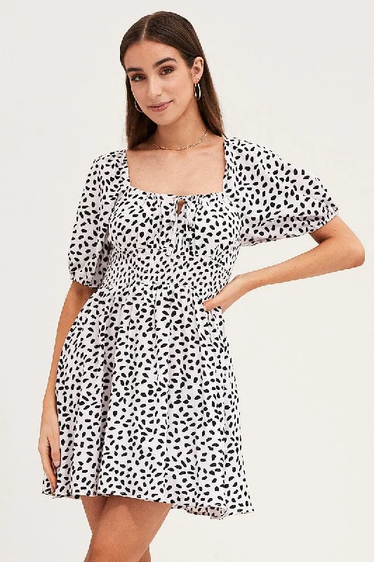 Ruffled Women Dress with Multiple Layers for a Playful and Girly StylePrint Puff Sleeve Skater Dress Ruffled Women Dress with Multiple Layers for a Playful and Girly StylePrint Puff Sleeve Skater Dress