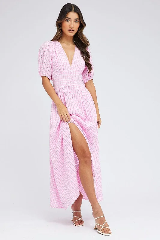 Pleated Women Dress with a Timeless and Elegant TexturePurple Check Midi Dress Puff Sleeve