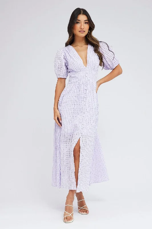 Shift Women Dress with a Simple and Classic Design for Everyday WearPurple Check Midi Dress Puff Sleeve