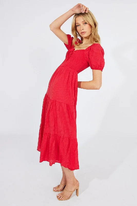 Off - the - Shoulder Women Dress for a Romantic and Feminine LookRed Midi Dress Short Sleeve Shirred