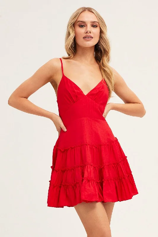 Backless Women Dress for a Sexy and Alluring Look at Evening EventsRed V Neck Frill Skater Dress