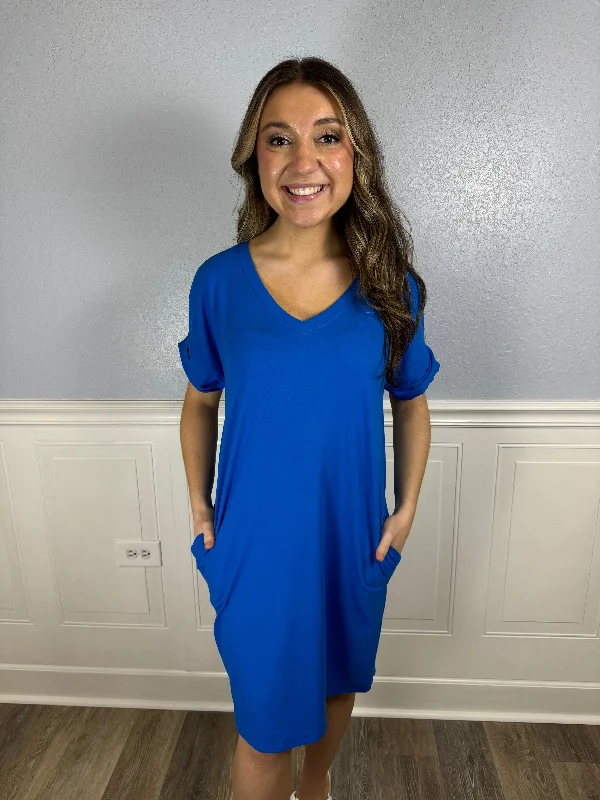 Halter Neck Women Dress to Show Off the Shoulders and NecklineRoyal blue buttery soft dress