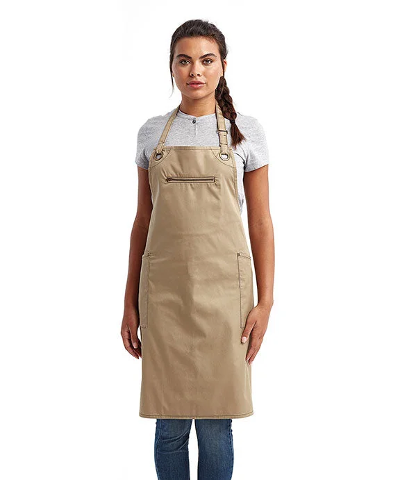 RP121 - Artisan Collection by Reprime Unisex Barley Contrast Stitch Sustainable Bib Apron | Khaki/Brown