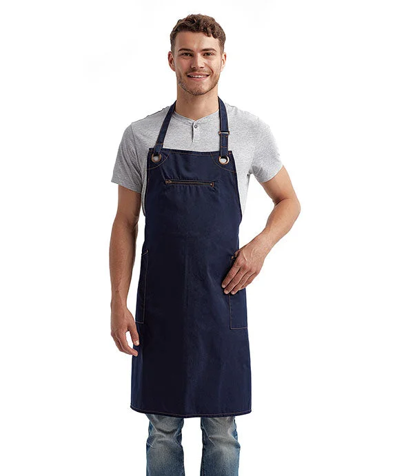 RP121 - Artisan Collection by Reprime Unisex Barley Contrast Stitch Sustainable Bib Apron | Navy/Camel
