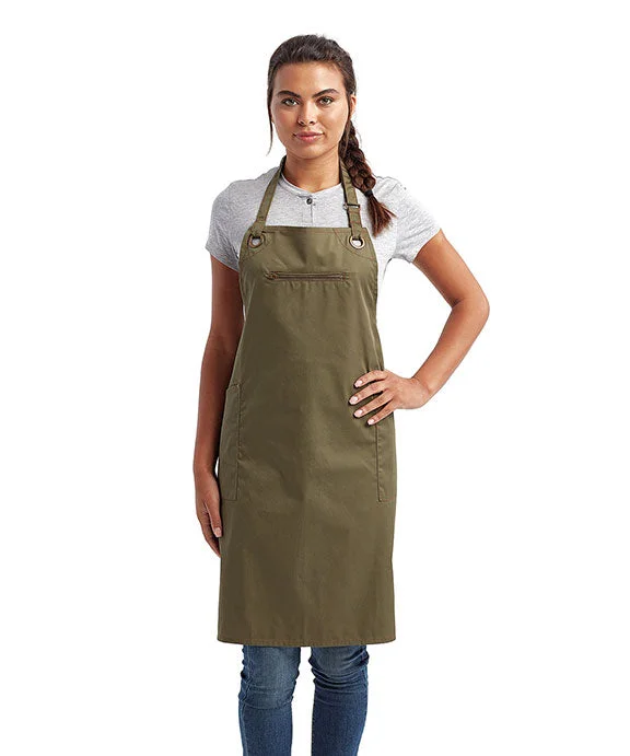 RP121 - Artisan Collection by Reprime Unisex Barley Contrast Stitch Sustainable Bib Apron | Olive/Chestnut