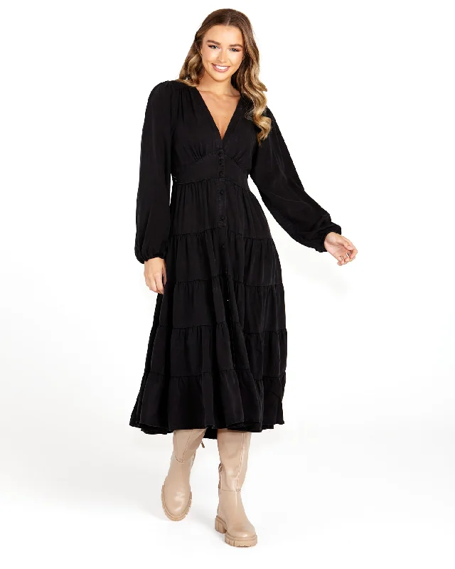 Halter Neck Women Dress to Show Off the Shoulders and NecklineSass Charity Tiered Midi Dress Black Halter Neck Women Dress to Show Off the Shoulders and NecklineSass Charity Tiered Midi Dress Black