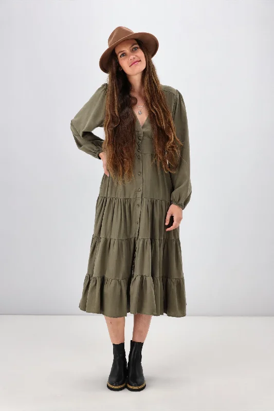 Lace - Embellished Women Dress for an Elegant and Sophisticated AppearanceSass Charity Tiered Midi Dress Khaki Lace - Embellished Women Dress for an Elegant and Sophisticated AppearanceSass Charity Tiered Midi Dress Khaki