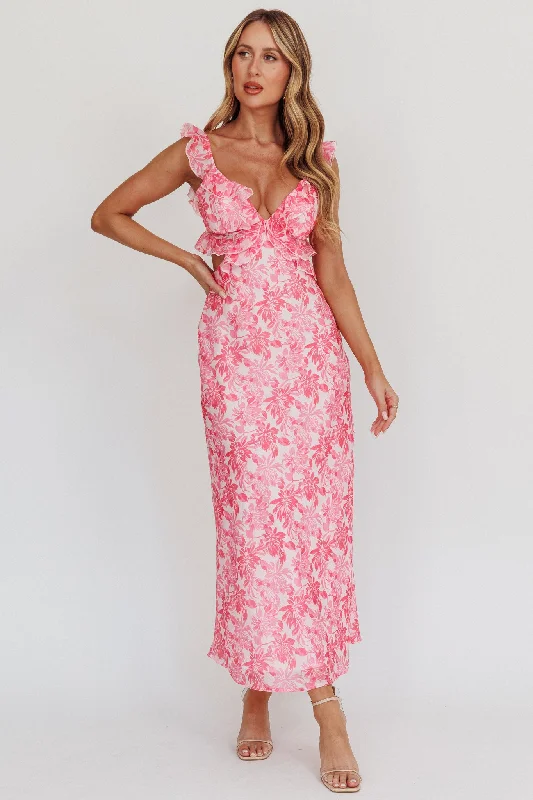 Long - Sleeve Women Dress in Velvet for a Luxurious Winter LookSecond Chances Ruffle Trim Maxi Dress Floral Pink