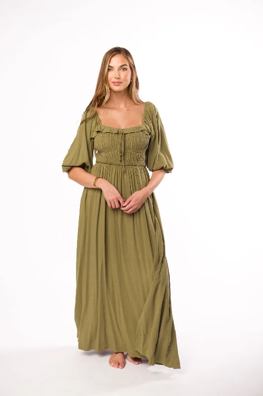 Pleated Women Dress with a Timeless and Elegant TextureDevon Smocked Maxi Dress in Light Olive - Bump Friendly