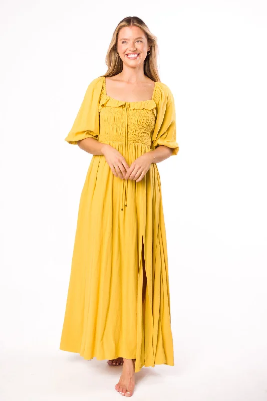 Lace - Embellished Women Dress for an Elegant and Sophisticated AppearanceDevon Smocked Maxi Dress in Mustard - Bump Friendly