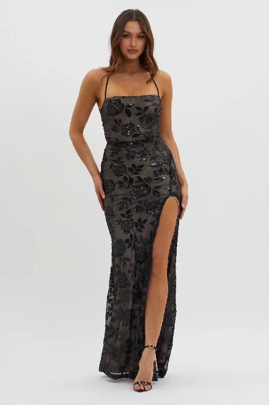 Sleeveless Women Dress in Bright Colors for Summer PartiesSparks Fly Sequin Embellished Maxi Dress Black/Nude