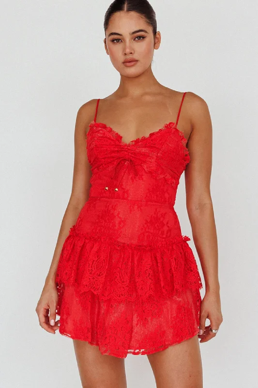 Backless Women Dress for a Sexy and Alluring Look at Evening EventsSt Tropez Cami Strap Frill Trim Lace Mini Dress Red