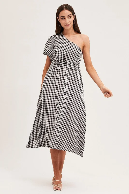 Plus Size Women Dress with a Flattering A - Line Cut for Comfort and StyleStripe Check One Shoulder Midi Dress Plus Size Women Dress with a Flattering A - Line Cut for Comfort and StyleStripe Check One Shoulder Midi Dress