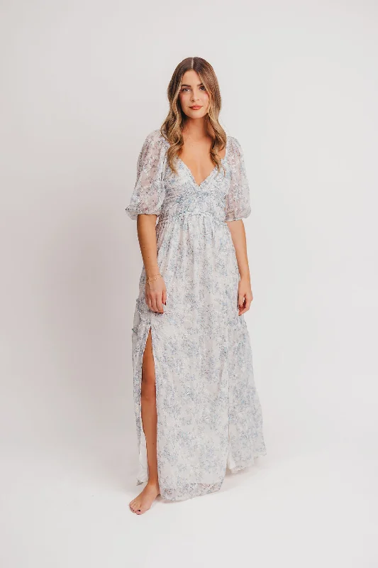 Long - Sleeve Women Dress in Velvet for a Luxurious Winter LookDaphne High Slit Eyelet Detail Maxi Dress in Blue and White Floral - Inclusive Sizing (S-3XL)