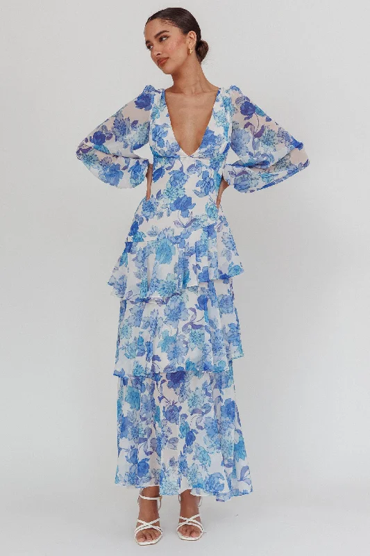 Ball Gown Women Dress with a Full Skirt for a Princess - like LookVeda Long Sleeve Floral Tiered Ruffle Maxi Dress Blue