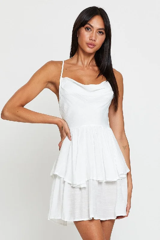 Sleeveless Women Dress in Bright Colors for Summer PartiesWhite Playsuit Cowl Neck