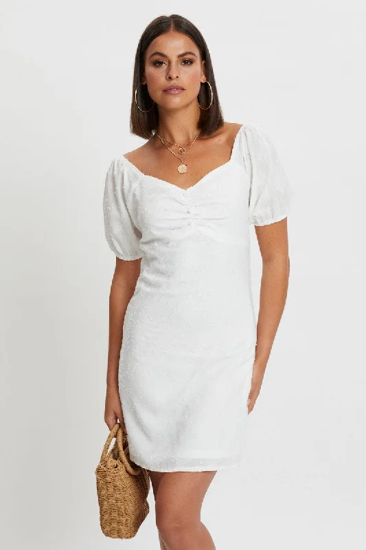 Mermaid - Style Women Dress with a Fitted Silhouette for Special OccasionsWhite Puff Sleeve Gathered Bust Mini Dress Mermaid - Style Women Dress with a Fitted Silhouette for Special OccasionsWhite Puff Sleeve Gathered Bust Mini Dress