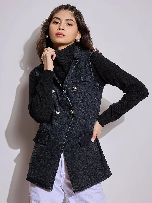 Women's double - breasted tweed jackets in classic colors for a sophisticated office lookWomen Black Denim Flap Pocket Sleeveless Jacket Women's double - breasted tweed jackets in classic colors for a sophisticated office lookWomen Black Denim Flap Pocket Sleeveless Jacket
