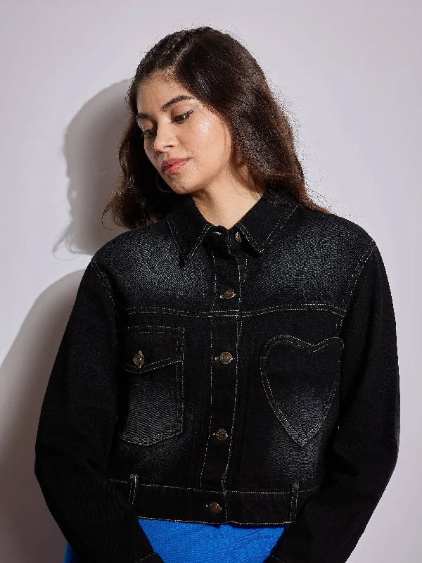 Women's denim jackets with a patchwork design for a bohemian and artsy styleWomen Black Denim Heart Pockets Crop Jacket Women's denim jackets with a patchwork design for a bohemian and artsy styleWomen Black Denim Heart Pockets Crop Jacket