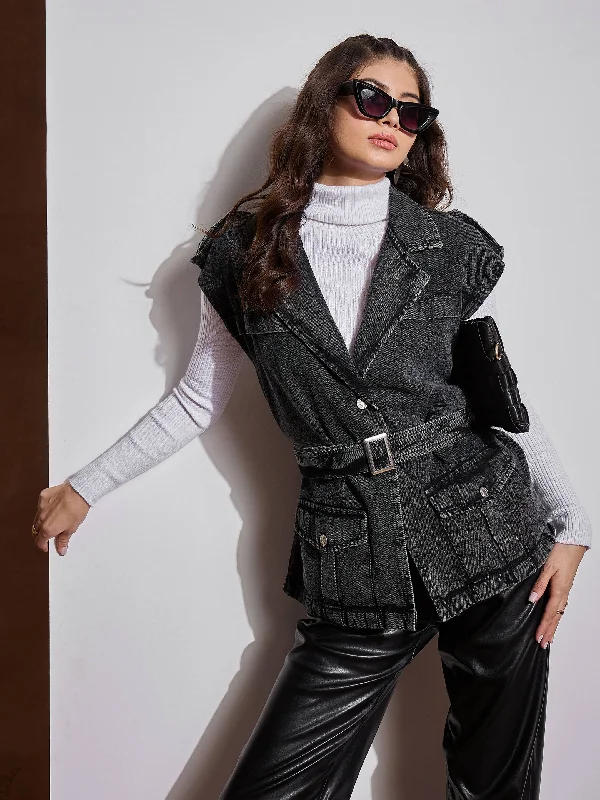Women's faux fur - trimmed denim jackets for a trendy and cozy styleWomen Black Washed Pocket Detail Sleeveless Belted Jacket Women's faux fur - trimmed denim jackets for a trendy and cozy styleWomen Black Washed Pocket Detail Sleeveless Belted Jacket