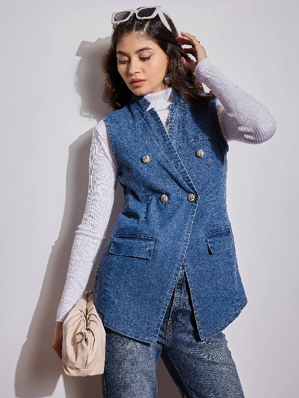 Women's waterproof rain jackets in bright yellow for high - visibility outdoor activitiesWomen Blue Denim Flap Pocket Sleeveless Jacket Women's waterproof rain jackets in bright yellow for high - visibility outdoor activitiesWomen Blue Denim Flap Pocket Sleeveless Jacket