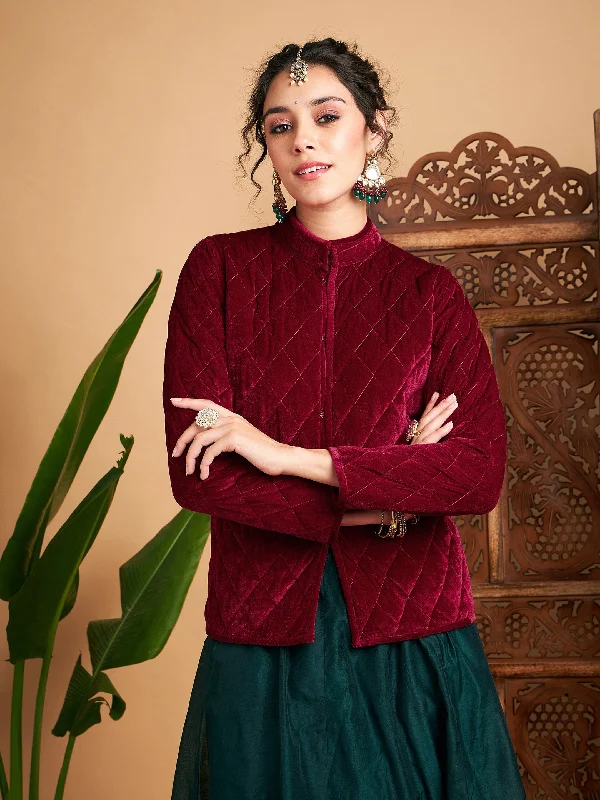 Women's bomber jackets with floral embroidery for a feminine and unique designWomen Maroon Velvet Quilted Jacket Women's bomber jackets with floral embroidery for a feminine and unique designWomen Maroon Velvet Quilted Jacket