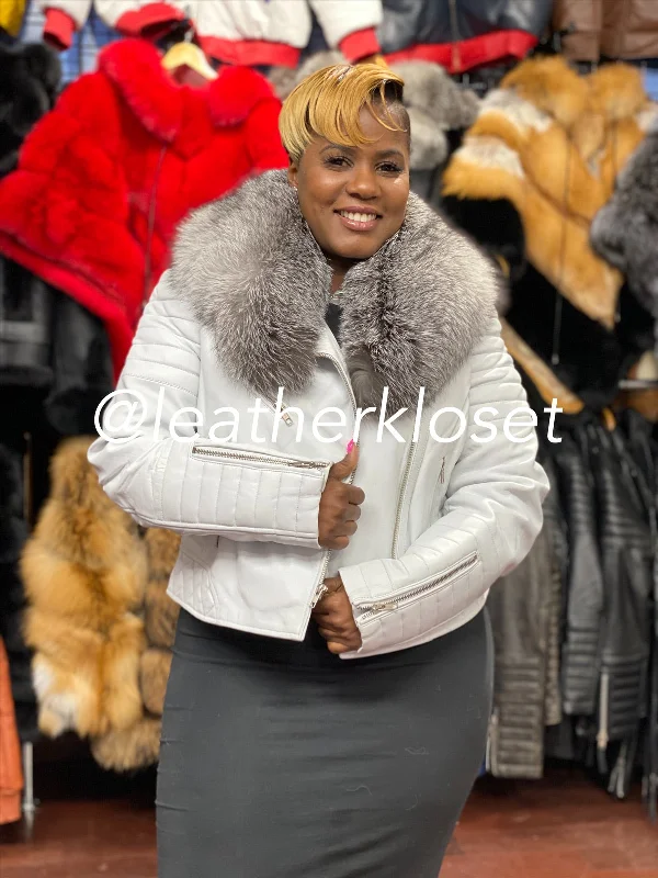 Women's bomber jackets with a holographic finish for a futuristic and eye - catching lookWomen's Jay Biker White With Fox Collar Women's bomber jackets with a holographic finish for a futuristic and eye - catching lookWomen's Jay Biker White With Fox Collar