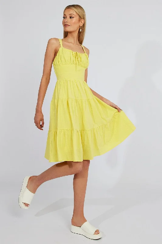 Sleeveless Women Dress in Bright Colors for Summer PartiesYellow Midi Dress Strappy Tiered