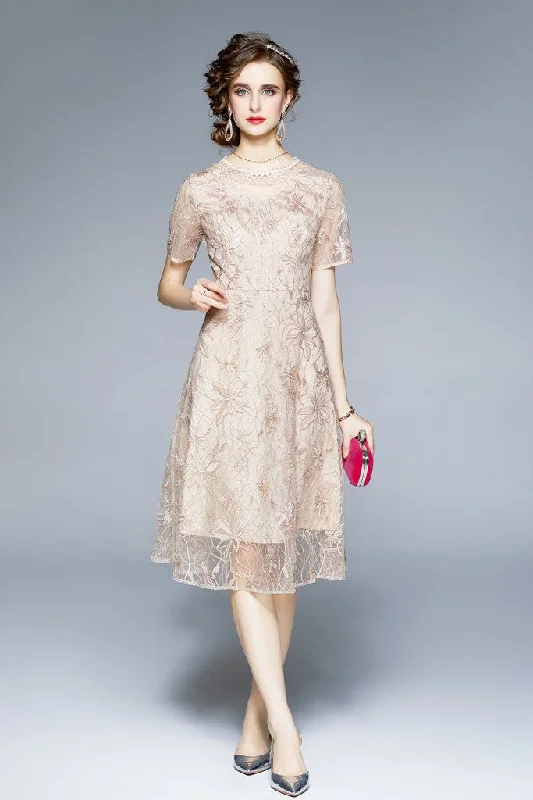 Printed Abstract Women Dress for a Modern and Artistic Appeal Printed Abstract Women Dress for a Modern and Artistic Appeal Apricot Evening A-line Crewneck Short Sleeve Below Knee Lace Dress