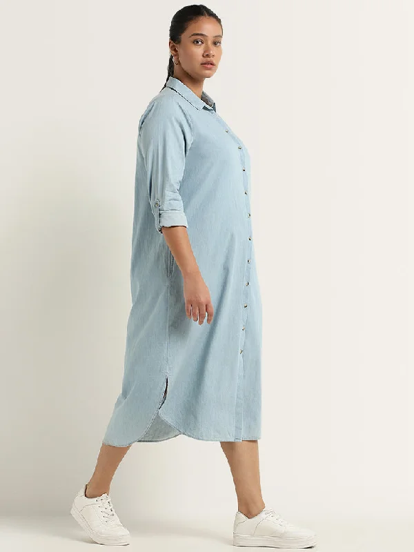 Strapless Women Dress with a Built - in Bra for Comfort and Support Strapless Women Dress with a Built - in Bra for Comfort and Support Gia Light Blue Chambray Cotton Straight Shirt Dress