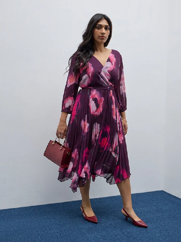 Off - the - Shoulder Women Dress for a Romantic and Feminine Look Off - the - Shoulder Women Dress for a Romantic and Feminine Look Gia Purple Floral Print and Pleated A-Line Dress with Belt