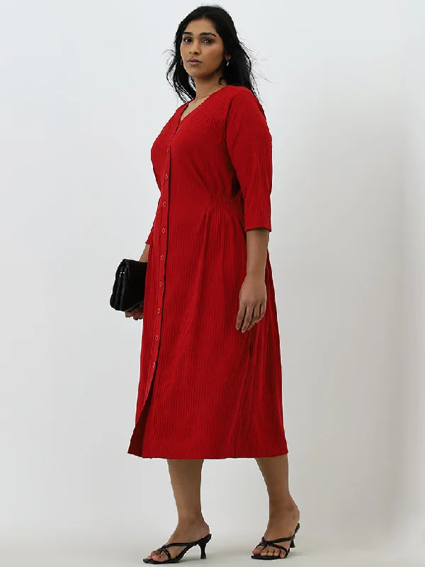 Plus Size Women Dress with a Flattering A - Line Cut for Comfort and Style Plus Size Women Dress with a Flattering A - Line Cut for Comfort and Style Gia Red Ribbed A-Line Dress