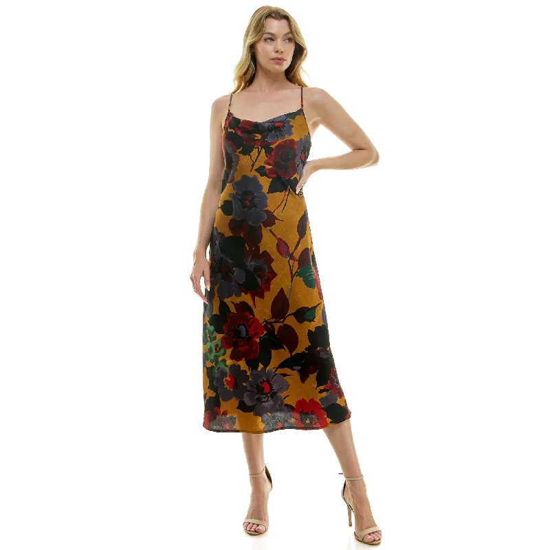 Wrap - Style Women Dress with Adjustable Fit for All Body Types Wrap - Style Women Dress with Adjustable Fit for All Body Types Gold Floral Cowl Neck Slip Midi Dress Wrap - Style Women Dress with Adjustable Fit for All Body Types Wrap - Style Women Dress with Adjustable Fit for All Body Types Gold Floral Cowl Neck Slip Midi Dress