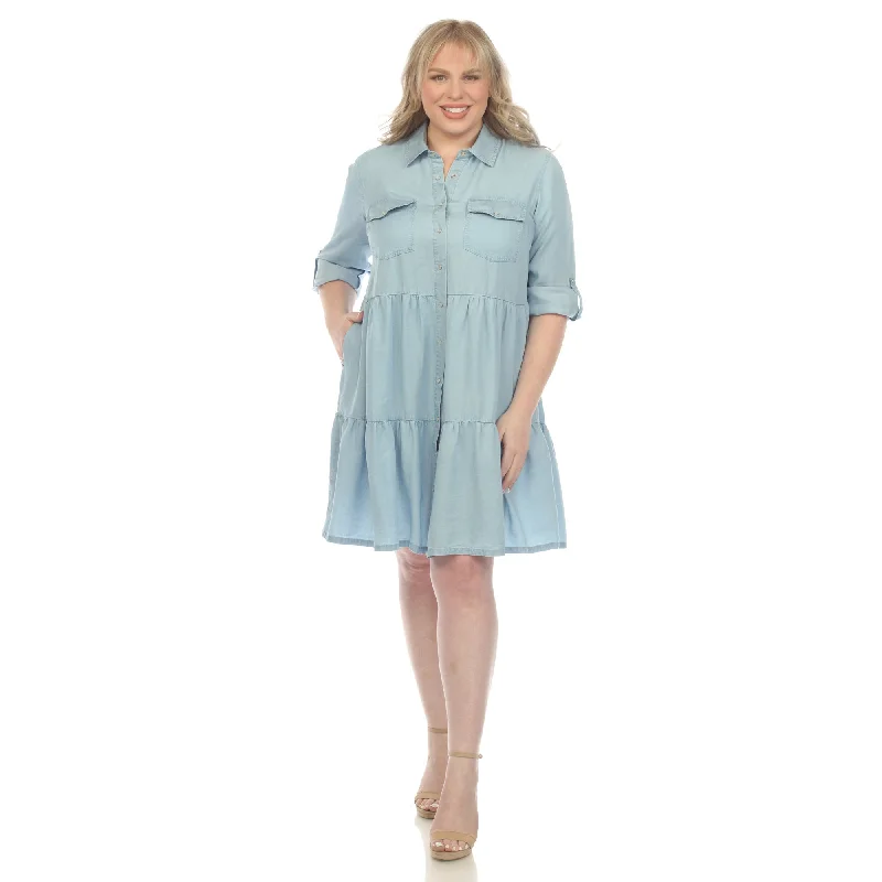 Strapless Women Dress with a Built - in Bra for Comfort and Support Strapless Women Dress with a Built - in Bra for Comfort and Support Long Sleeve Tiered Midi Shirt Dress - Plus