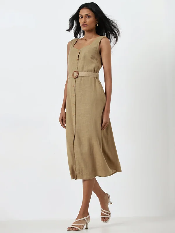 Halter Neck Women Dress to Show Off the Shoulders and Neckline Halter Neck Women Dress to Show Off the Shoulders and Neckline LOV Dark Beige A-Line Dress with Belt