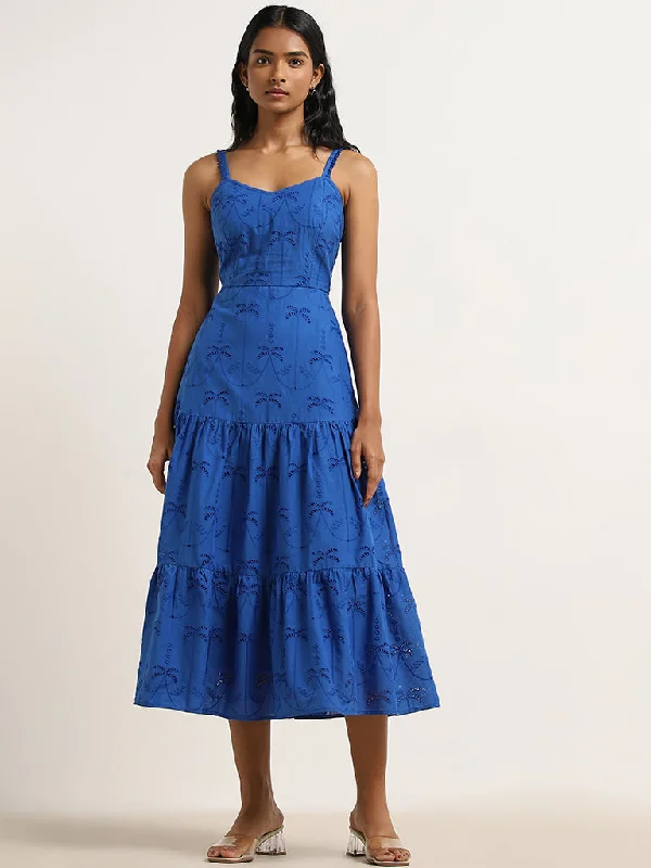Wrap - Style Women Dress with Adjustable Fit for All Body Types Wrap - Style Women Dress with Adjustable Fit for All Body Types LOV Dark Blue Schiffli Design Tiered Cotton Dress