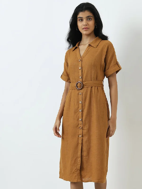 Sheath Women Dress with a Tailored Fit for a Professional Look Sheath Women Dress with a Tailored Fit for a Professional Look LOV Light Brown Solid A-Line Dress with Belt