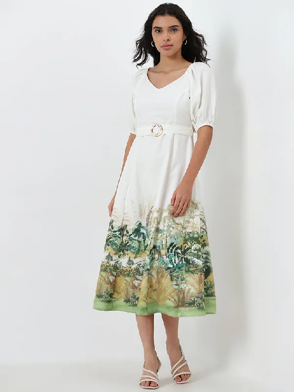 Backless Women Dress for a Sexy and Alluring Look at Evening Events Backless Women Dress for a Sexy and Alluring Look at Evening Events LOV Off-White Printed Blended Linen A-Line Dress with Belt