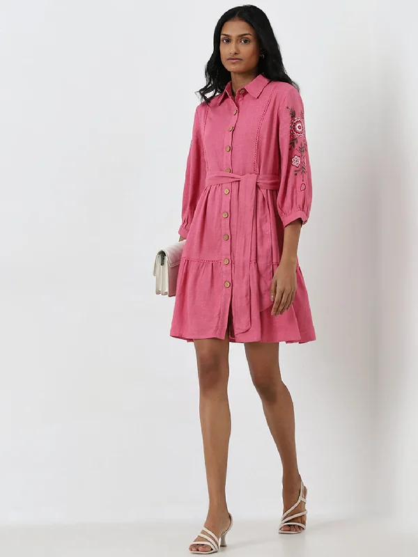 Maxi Women Dress with Floral Print for a Bohemian Vibe Maxi Women Dress with Floral Print for a Bohemian Vibe LOV Pink Floral Embroidered Shirt Dress with Belt