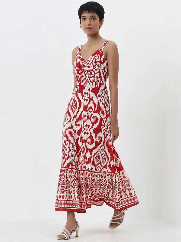 Plus Size Women Dress with a Flattering A - Line Cut for Comfort and Style Plus Size Women Dress with a Flattering A - Line Cut for Comfort and Style LOV Red Ikat Printed Blended Linen A-Line Dress