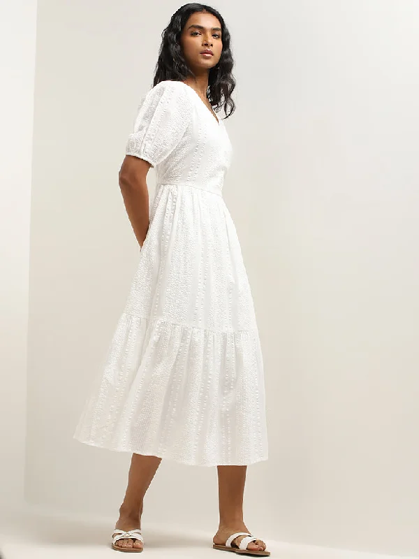 Lace - Embellished Women Dress for an Elegant and Sophisticated Appearance Lace - Embellished Women Dress for an Elegant and Sophisticated Appearance LOV White Textured Tiered Cotton Dress
