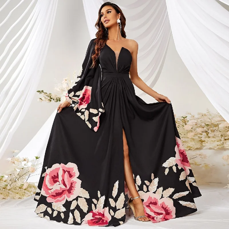 Long - Sleeve Women Dress in Velvet for a Luxurious Winter Look Long - Sleeve Women Dress in Velvet for a Luxurious Winter Look NiDELL New Chiffon Single Sleeve Printed Dress Design High-End Long Dress Split Large Swing Skirt Cross-Border Dress-Ssy262