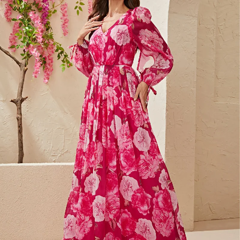 Mini Women Dress with a Short Hem for a Young and Trendy Style Mini Women Dress with a Short Hem for a Young and Trendy Style NiDELL New Cross-Border Dress for Women Spring and Summer Chiffon Printed Puff Sleeve V-neck Long-Sleeve Dress-MGN152-3
