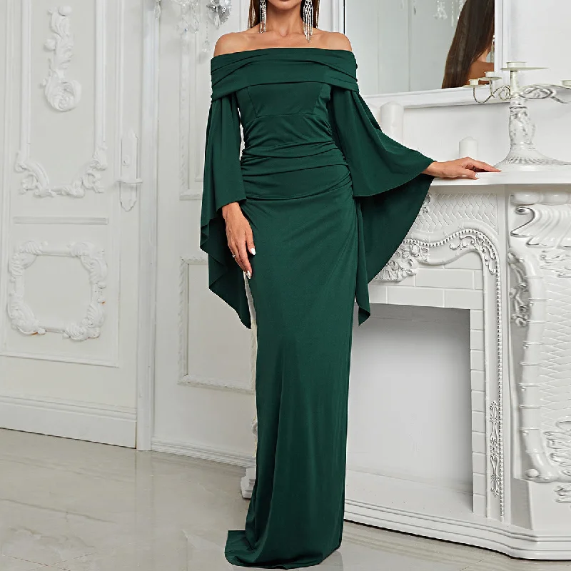 Maxi Women Dress with Floral Print for a Bohemian Vibe Maxi Women Dress with Floral Print for a Bohemian Vibe NiDELL New Evening Dress Foreign Trade off-Shoulder Long Sleeve Slim Fit Slit Dress Banquet Dress-Mgx572