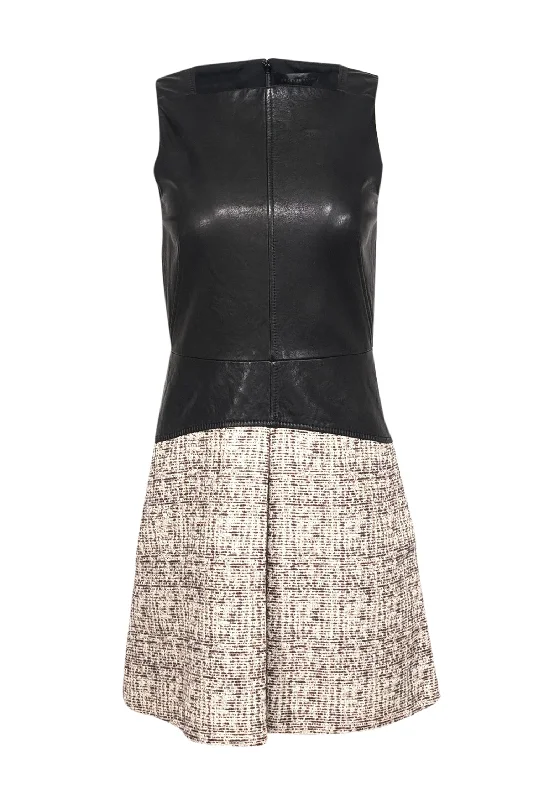 Pleated Women Dress with a Timeless and Elegant Texture Pleated Women Dress with a Timeless and Elegant Texture Proenza Schouler - Black Leather A-Line Dress w/ Pink & Cream Tweed Skirt Sz 4