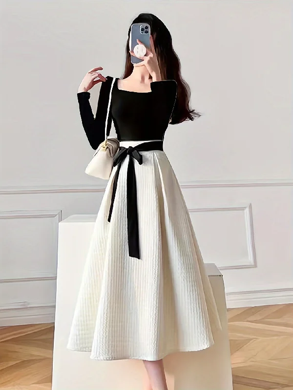 Plus Size Women Dress with a Flattering A - Line Cut for Comfort and Style Plus Size Women Dress with a Flattering A - Line Cut for Comfort and Style Sixsr Color Block A-line Dress, Chic Long Sleeve Tied Waist Dress, Women's Clothing