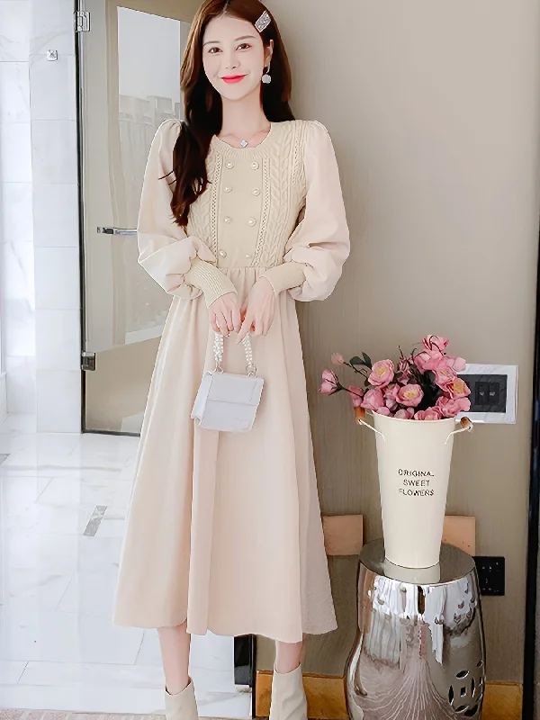 Shift Women Dress with a Simple and Classic Design for Everyday Wear Shift Women Dress with a Simple and Classic Design for Everyday Wear Sixsr Crew Neck Knitted Maxi Dress, Elegant Solid Color Button Long Sleeve Sweater A-line Dress For Fall & Winter, Women's Clothing