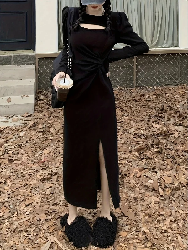 Shift Women Dress with a Simple and Classic Design for Everyday Wear Shift Women Dress with a Simple and Classic Design for Everyday Wear Sixsr Cut Out Knot Front Split Hem Dress, Elegant Long Sleeve Slim Solid Dress For Spring & Fall, Women's Clothing